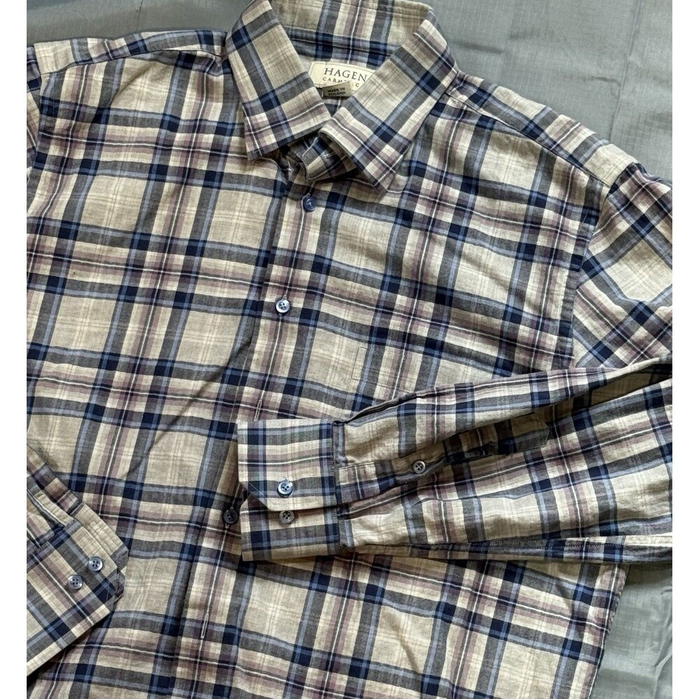 Hagen Button Up Shirt CARMEL Mens Large Blue Gray Purple 100% Cotton Long Sleeve